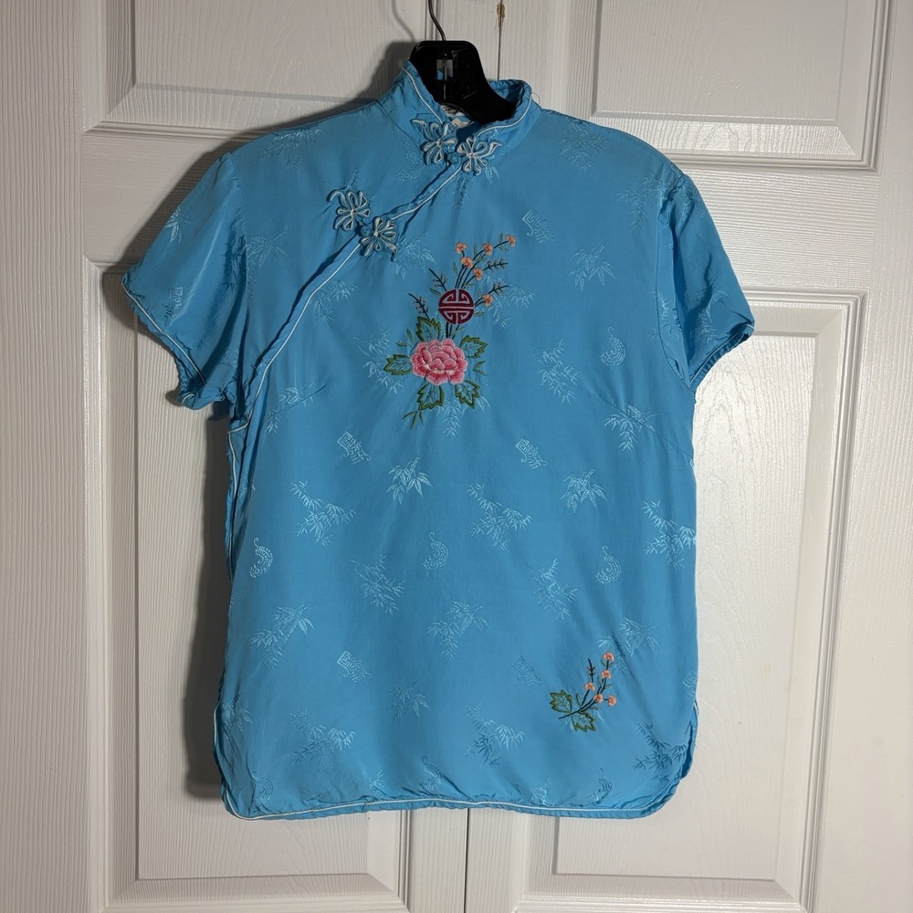Vintage Silver Lake‎ Cheongsam Style Shirt Women 34 Blue Embroidered Asian Top